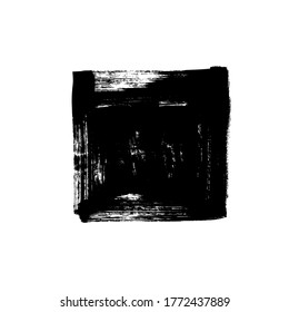 Black rough edge vector square box. Black painted square or rectangular shape. Hand drawn brush stroke isolated on white background. Dirty grunge design frame, border, template or background for text.