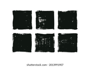 Black Rough Edge Vector Square Boxes. Black Painted Squares Or Rectangular Shapes. Hand Drawn Brush Stroke Isolated On White. Dirty Grunge Design Frames, Borders, Templates Or Backgrounds For Text.