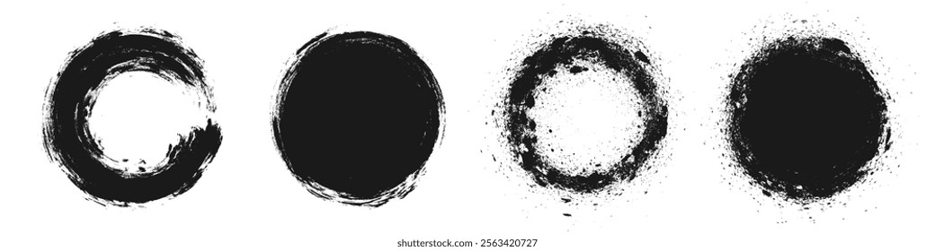 Black rough strokes with circle shape style isolated on white background. Textured effect bundle. Graphic design elements set with grainy concept for ads, art, gift, offer, big, mega, or flash sale