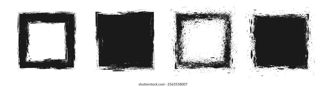 Black rough strokes with square shape style isolated on white background. Textured effect bundle. Graphic design elements set with grainy concept for ads, art, gift, offer, big, mega, or flash sale