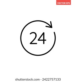 Black round up to 24 hours customer service line icon, simple 24h helpline assistance flat design pictogram vector for app ads web banner button ui ux interface elements isolated on white background