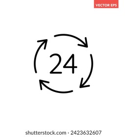 Black round up to 24 hours customer service line icon, simple 24h helpline assistance flat design pictogram vector for app ads web banner button ui ux interface elements isolated on white background