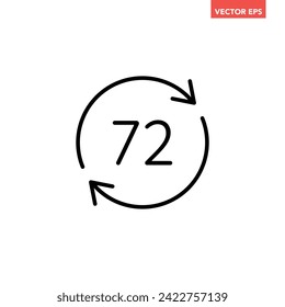 Black round up to 72 hrs work time effect line icon, simple 3 days fast shipment work arrow flat design vector pictogram, interface elements for app logo web button ui ux isolated on white background