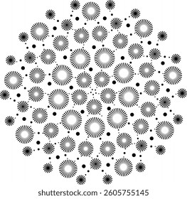 Black Round Abstract Design Element Made Up of Striated Circles And Dots. Can be used as an individual decorative element or to create design patterns for fabric, cushion, curtain, ceramics, card etc
