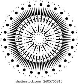Black Round Abstract Design Element Made Up of Striated Circles And Dots. Can be used as an individual decorative element or to create design patterns for fabric, cushion, curtain, wallpaper, card etc