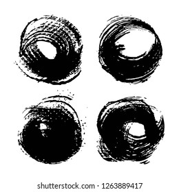Black round abstract textured paint strokes set isolated on white background