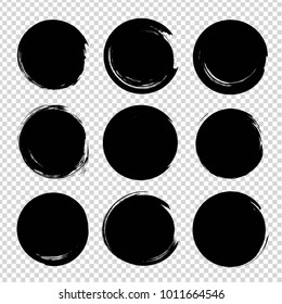 Black round abstract textured smears isolated on imitation transparent background