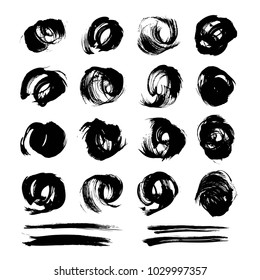 Black round abstract textured smears big set isolated on a white background
