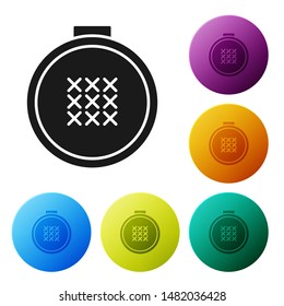 Black Round adjustable embroidery hoop icon isolated on white background. Thread and needle for embroidery. Set icons colorful circle buttons. Vector Illustration