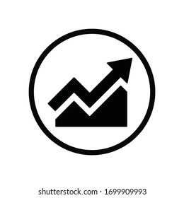 Black round arrow growing up business icon, simple successful chart graph bars flat design infographic pictogram vector, app logo web button ui ux interface elements isolated on white background