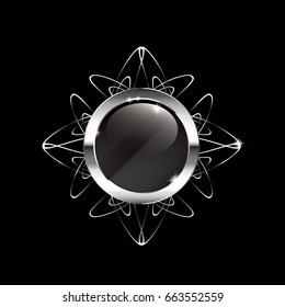Black round background with an ornate silver frame, with space for your text. Vector illustration.
