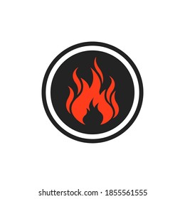 insignia negra redonda con icono de fuego naranja. simple tendencia de estilo plano elemento moderno de diseño gráfico logotipo aislado en fondo blanco. concepto de etiqueta de emergencia urgente