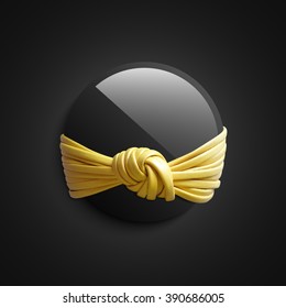 Black round badge with yellow bow. Vector illustration.