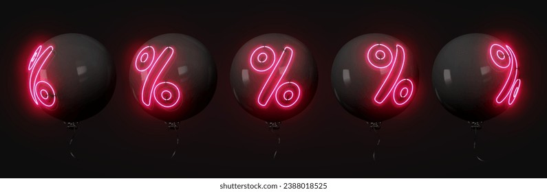 Black round balloons with neon percentages symbol. Sales and Black Friday Design Elements. Vector illustration