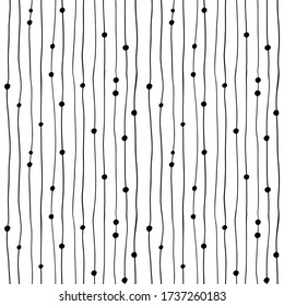 Black round beads on threads with white background. Seamless vector minimalistic pattern. Abstract print for textile, texture, apparel, fabric. EPS10, editable.