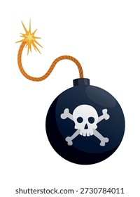 Eine schwarze runde Bombe. Brennende Bombe im flachen Stil. Zeichentrickbombe mit brennender Sicherung auf weißem Hintergrund. Bombensymbol