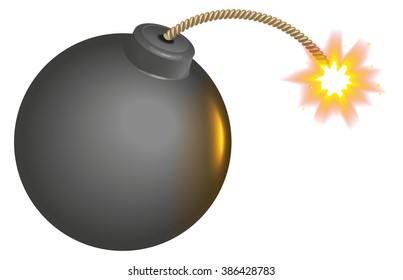 Black round bomb with burning wick. Isolated on white vector illustration