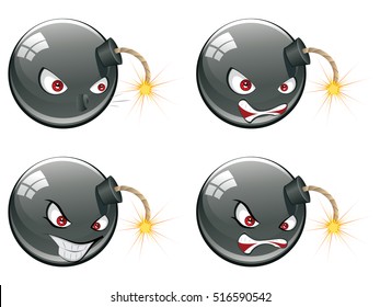 Black round bomb with an evil face about to explode.