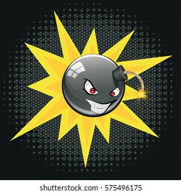 Black round bomb with an evil face about to explode.