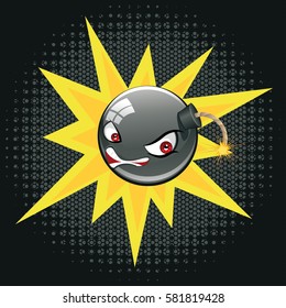 Black round bomb with an evil face about to explode.
