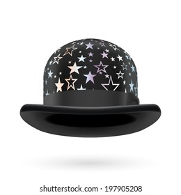 Black round bowler hat with silver glistening stars.