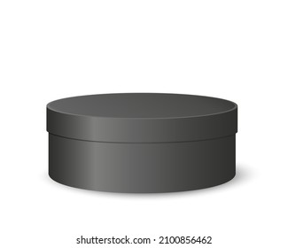 Black round box mockup. Plastic, tin or cardboard package for product design. Container for gift, hat, cookies, cosmetics isolated on white background. Vector realistic illustration