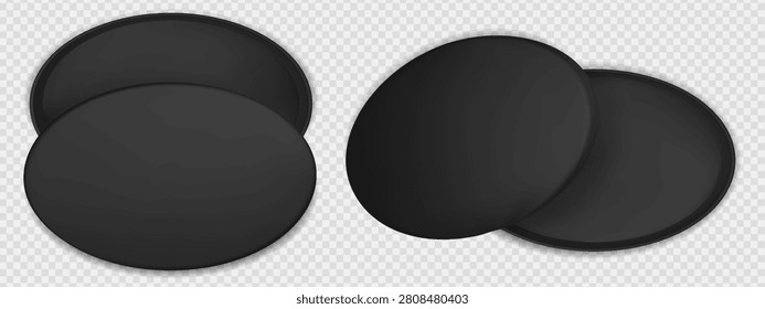 Black round box top view. 3d premium gift mockup. Circular empty package isolated vector. Clear cardboard present above template. Luxury blank makeup cosmetic case packaging concept for Mother Day.