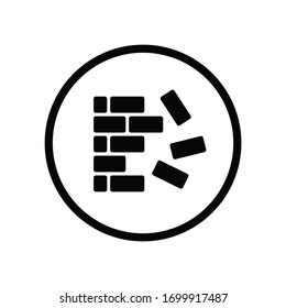 Black round brick wall with falling bricks icon, simple unsafe sign flat design infographic pictogram vector, app logo web button ui ux interface elements isolated on white background