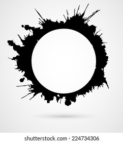 Black round brush strokes, made of ink splashes with grey drop shadow. Vector illustration