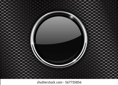 Black Round Button With Chrome Frame On Perforated Metal Background. 3d Vector Illustration