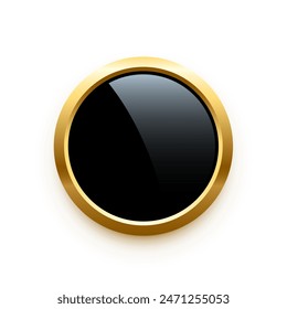 Black round button with golden frame vector illustration. Circle 3d glossy elegant design for empty label, emblem, medal or badge, shiny and gradient light effect on plate isolated on white.