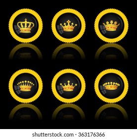 Black round button with a picture of a crown on black, vector, 10eps.