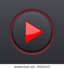 Black round button with PLAY red arrow. Vector 3d illustration.
