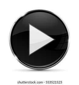 Black round button with white PLAY sign. With metal frame. Vector 3d illustration isolated on white background.