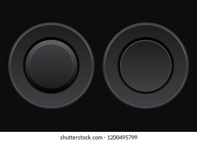 Black round buttons. 3d push buttons on black background. Vector illustration
