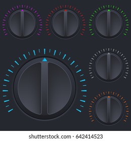 Black round buttons. Car dashboard knobs. Vector 3d illustration