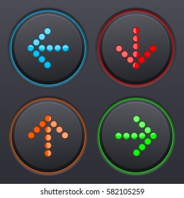 Black round buttons with direction dotted arrows. Vector 3d illustration.