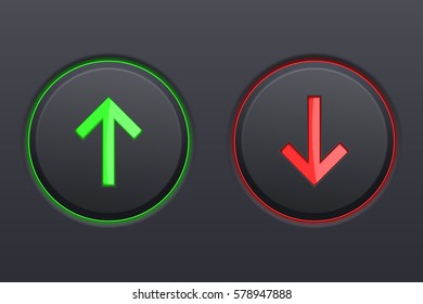 Black round buttons. UP and DOWN green and red push buttons. Vector 3d illustration .
