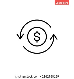 Icono de línea de la marca de retorno de efectivo en redondeo negro, rotación de inversión financiera global simple diseño plano pictograma vectorial, elementos de interfaz infográfica para la aplicación botón web ui ux aislado en fondo blanco