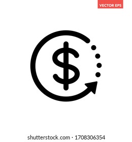 Black round cash back refund investment icon, repeat arrow flat design vector pictogram, infographic interface elements for app logo web button ui ux isolated on white background