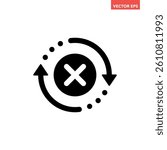 Black round check sync unapproved icon, simple cycle rotating arrows sync flat design pictogram vector for app logo ads web webpage button ui ux interface elements isolated on white background