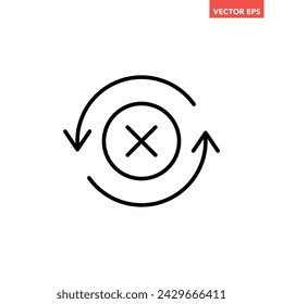 Black round check sync unapproved line icon, simple cycle rotating arrows syncing flat design pictogram vector for app logo ads web button ui ux interface elements isolated on white background