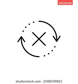 Black round check sync unapproved line icon, simple cycle rotating arrows sync flat design pictogram vector for app logo ads web webpage button ui ux interface elements isolated on white background