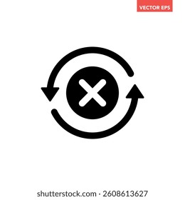 Black round check sync unapproved icon, simple cycle rotating arrows sync flat design pictogram vector for app logo ads web webpage button ui ux interface elements isolated on white background