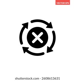 Black round check sync unapproved icon, simple cycle rotating arrows sync flat design pictogram vector for app logo ads web webpage button ui ux interface elements isolated on white background