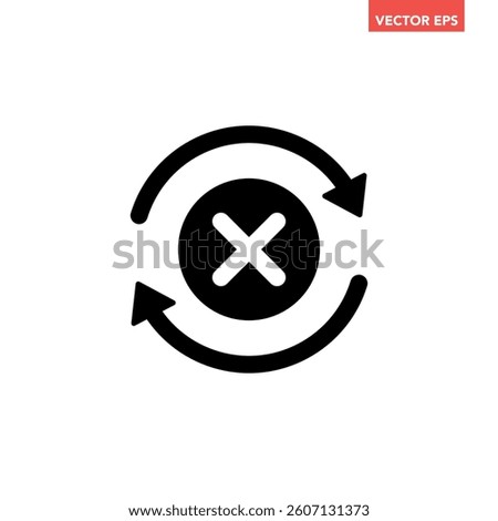 Black round check sync unapproved icon, simple cycle rotating arrows sync flat design pictogram vector for app logo ads web webpage button ui ux interface elements isolated on white background