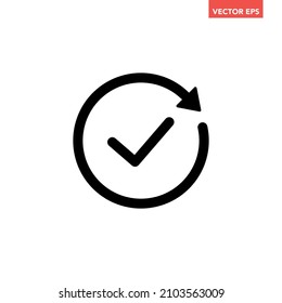 Black round checking process sync approved icon, simple turning arrows syncing flat design pictogram vector for app logo ads web webpage button ui ux interface elements isolated on white background