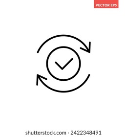 Black round checking process sync approved line icon, simple turning arrows sync flat design pictogram vector for app logo ads web webpage button ui ux interface elements isolated on white background