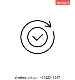 Black round checking process sync approved line icon, simple turning arrows sync flat design pictogram vector for app logo ads web webpage button ui ux interface elements isolated on white background