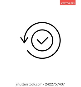 Black round checking process sync approved line icon, simple turning arrows sync flat design pictogram vector for app logo ads web webpage button ui ux interface elements isolated on white background